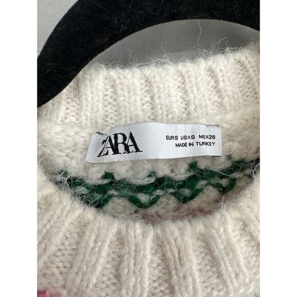 Zara Sweater Womens Small Pink Striped Green Open Knit Short Sleeve Soft Cozy - Picture 2 of 8